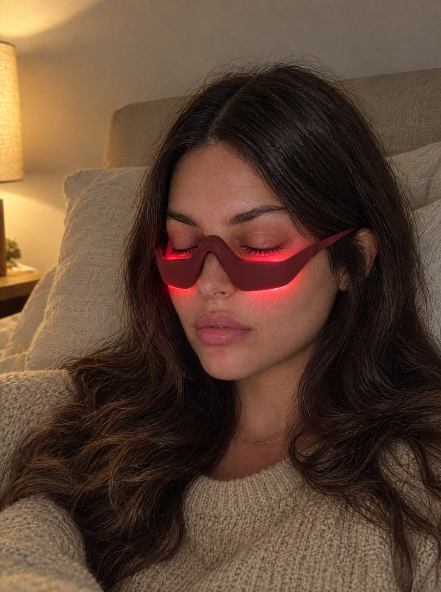 UnderEye Lab Lens rosso acceso mentre ci si rilassa sul divano